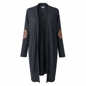 Pink Blush Long Open Cardigan L Dark Blue Gold Sequin Elbow Patch Sweater